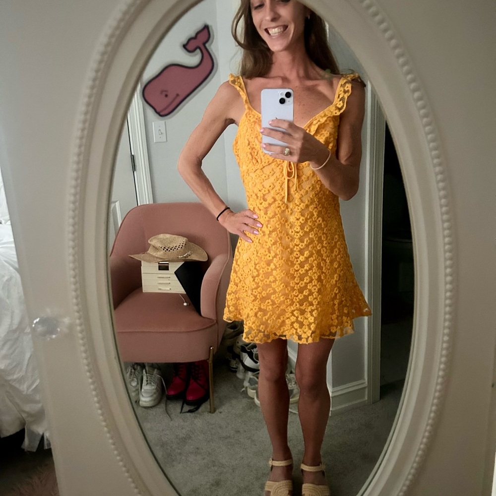 Lulu's Yellow floral embroidered mini dress. NEVER WORN